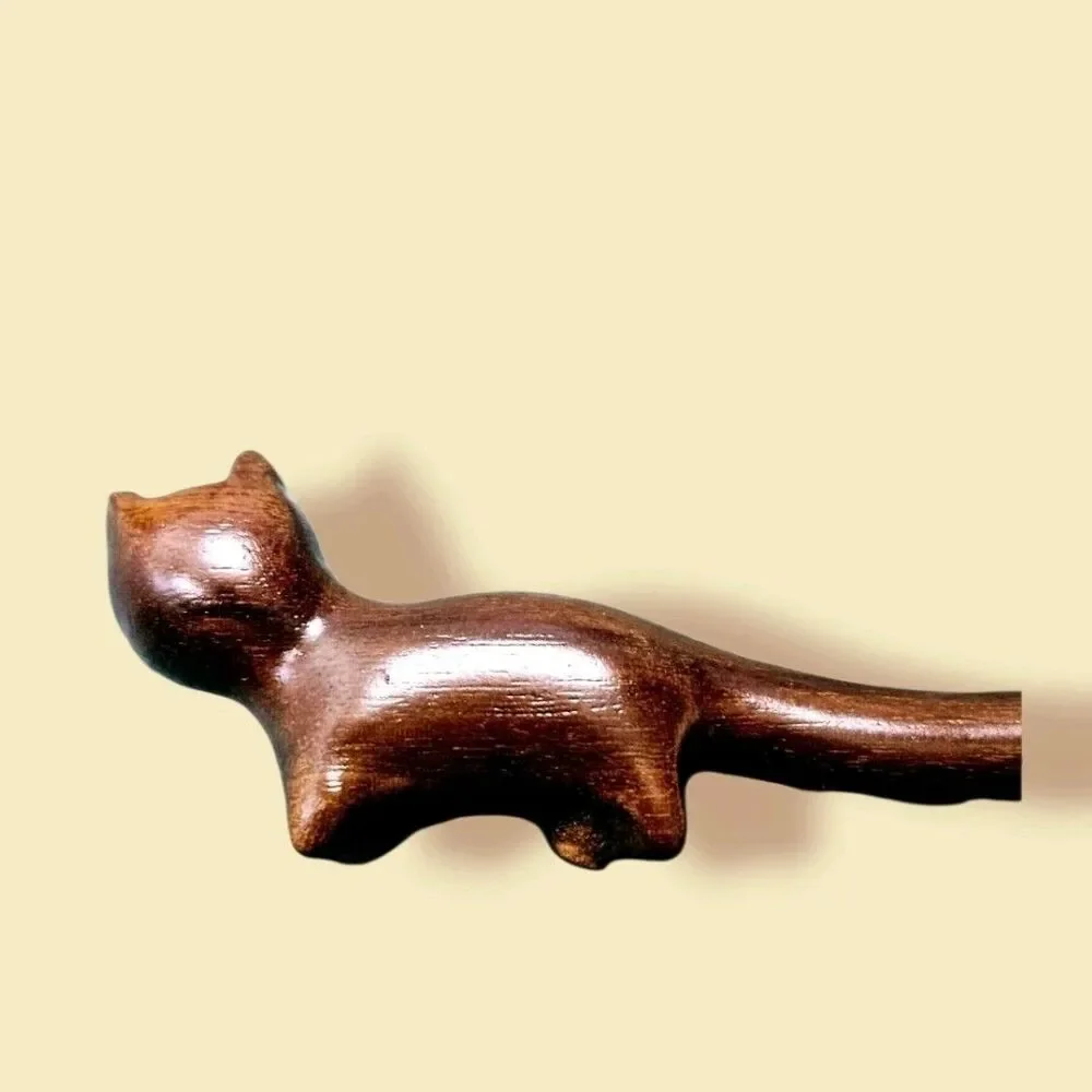 Wood Cat Face & Body Stick Chinese Style Women Hairpin Headwear Hair Fork Set 2